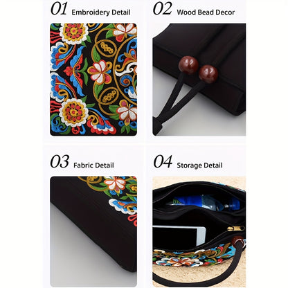 Ethnic Style Double-Sided Embroidered Handbag with Wooden Bead Handles & Dual Zipper Closure - Vibrant Floral Mandala Design on Durable Fabric Purse for Women, Casual & Formal Events, Intricate Embroidery
