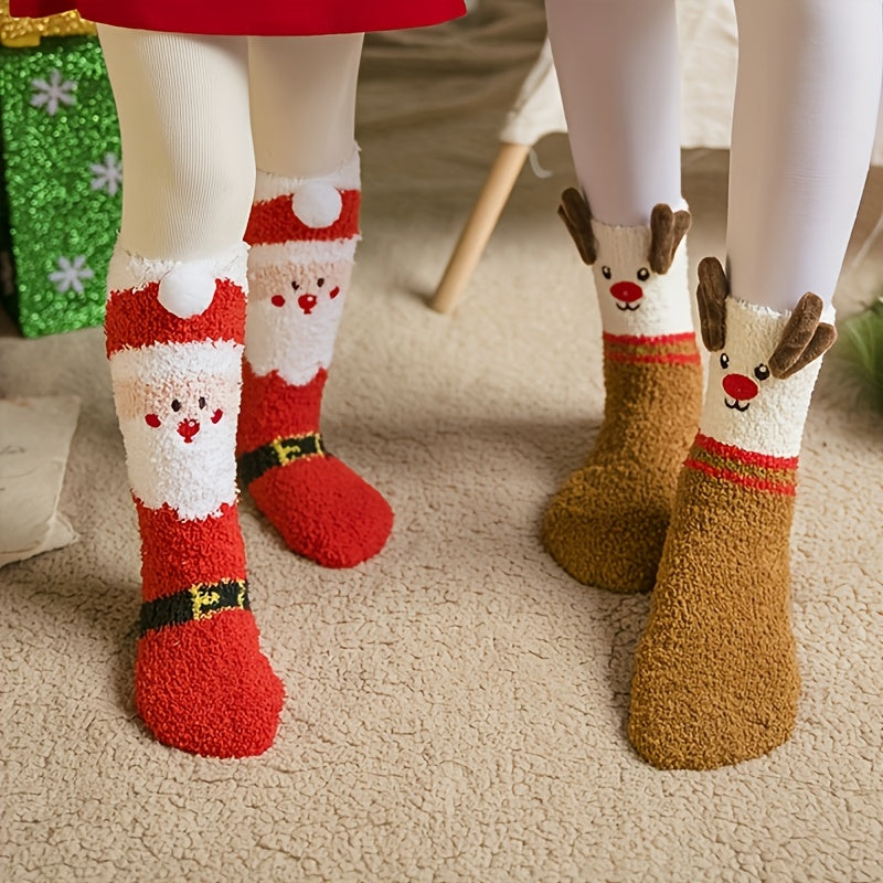 3 Pairs Cozy Christmas Socks for Women - Warm Mid-Calf Santa & Reindeer Design, Soft Plush Material, Perfect for Winter Holidays.