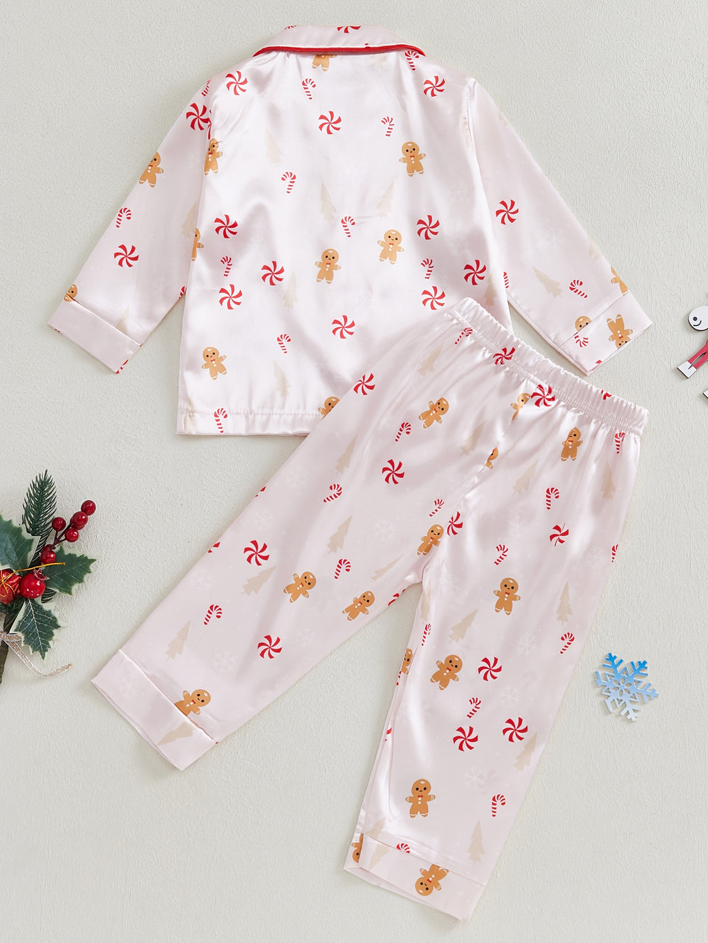 Kids Christmas Pajama Sets Gingerbread Man/Candy Cane Print Lapel Neck Button-up Tops Long Pant Loungewear