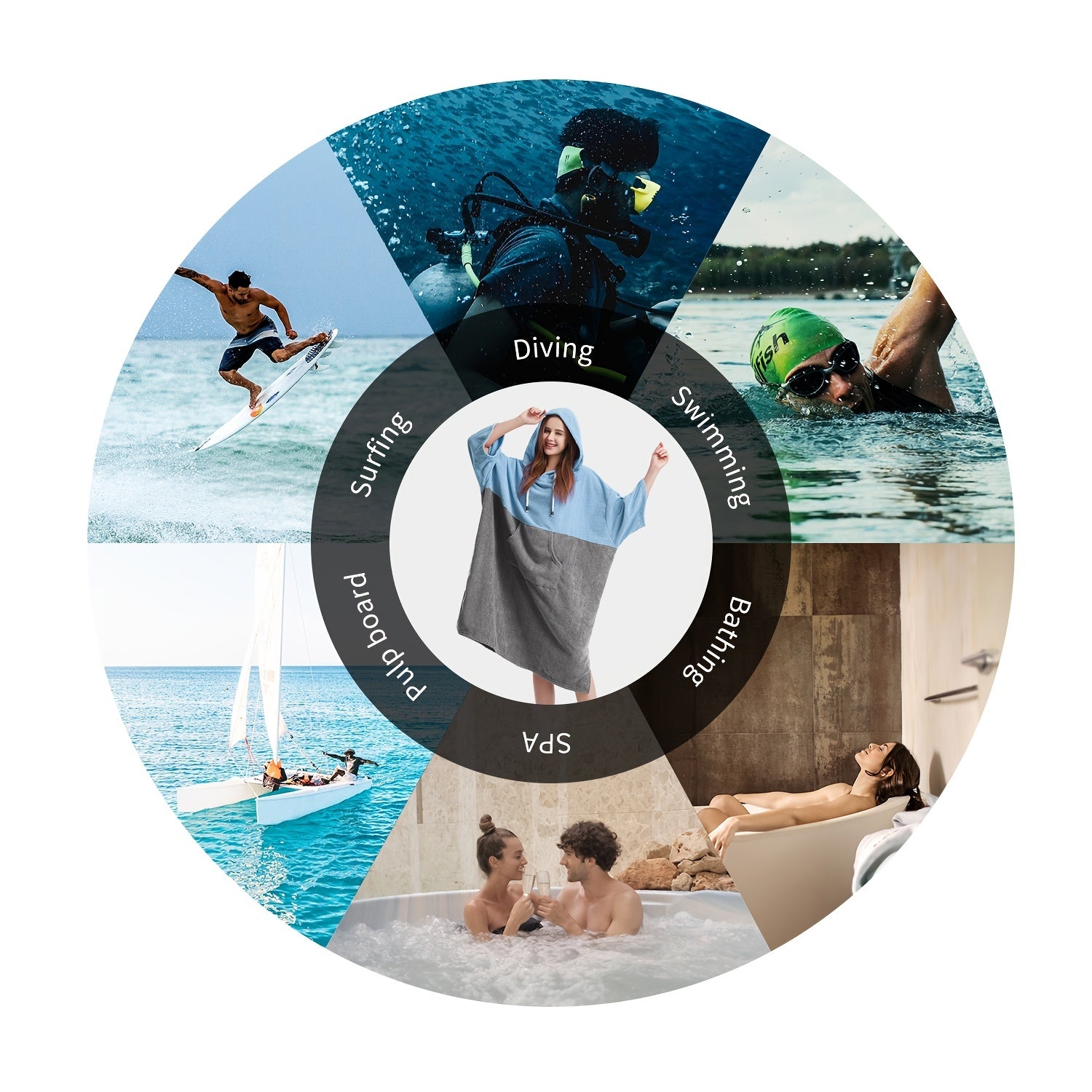 Mutao Quick-Dry Hooded Changing Robe - Cozy Terry Towel Poncho with Front Pocket, Windproof & Perfect for Beach, Surfing, Diving, Swimming - One Size Fits All, Machine Washable