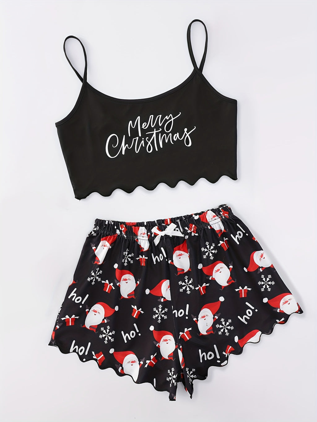 Women's Festive Christmas Pajama Set - Cozy Polyester Cami Top & Shorts with Santa Print, Machine Washable