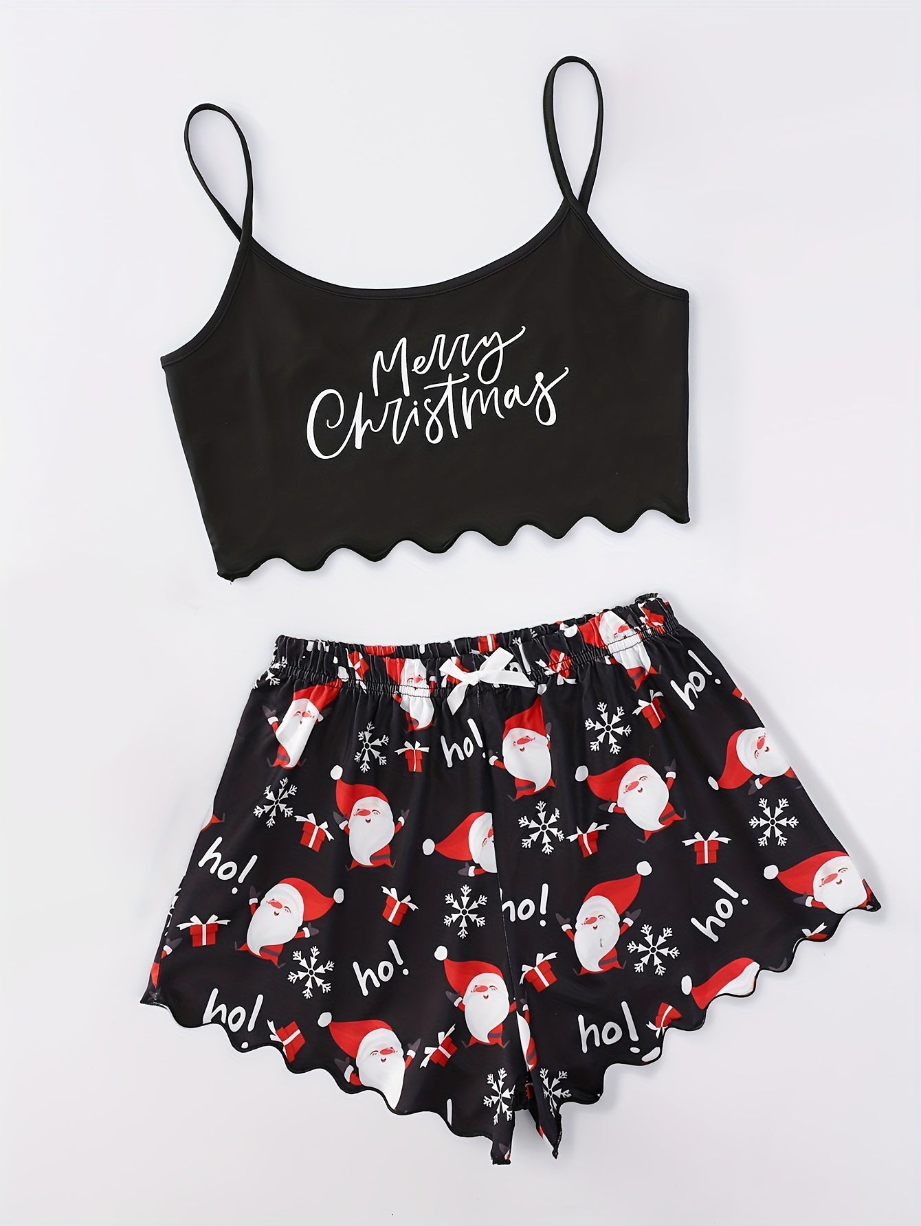 Women's Festive Christmas Pajama Set - Cozy Polyester Cami Top & Shorts with Santa Print, Machine Washable