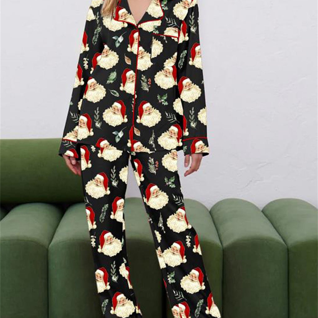 Women Christmas Pajama Set, Santa Claus Print Long Sleeve Shirt with Pants Sleepwear Loungewear