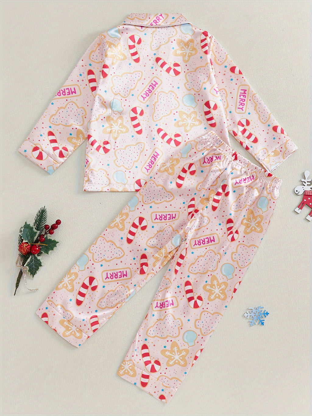 Kids Christmas Pajama Sets Gingerbread Man/Candy Cane Print Lapel Neck Button-up Tops Long Pant Loungewear