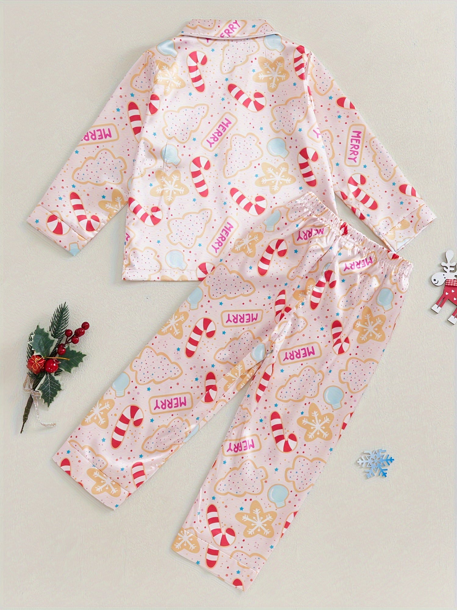 Kids Christmas Pajama Sets Gingerbread Man/Candy Cane Print Lapel Neck Button-up Tops Long Pant Loungewear