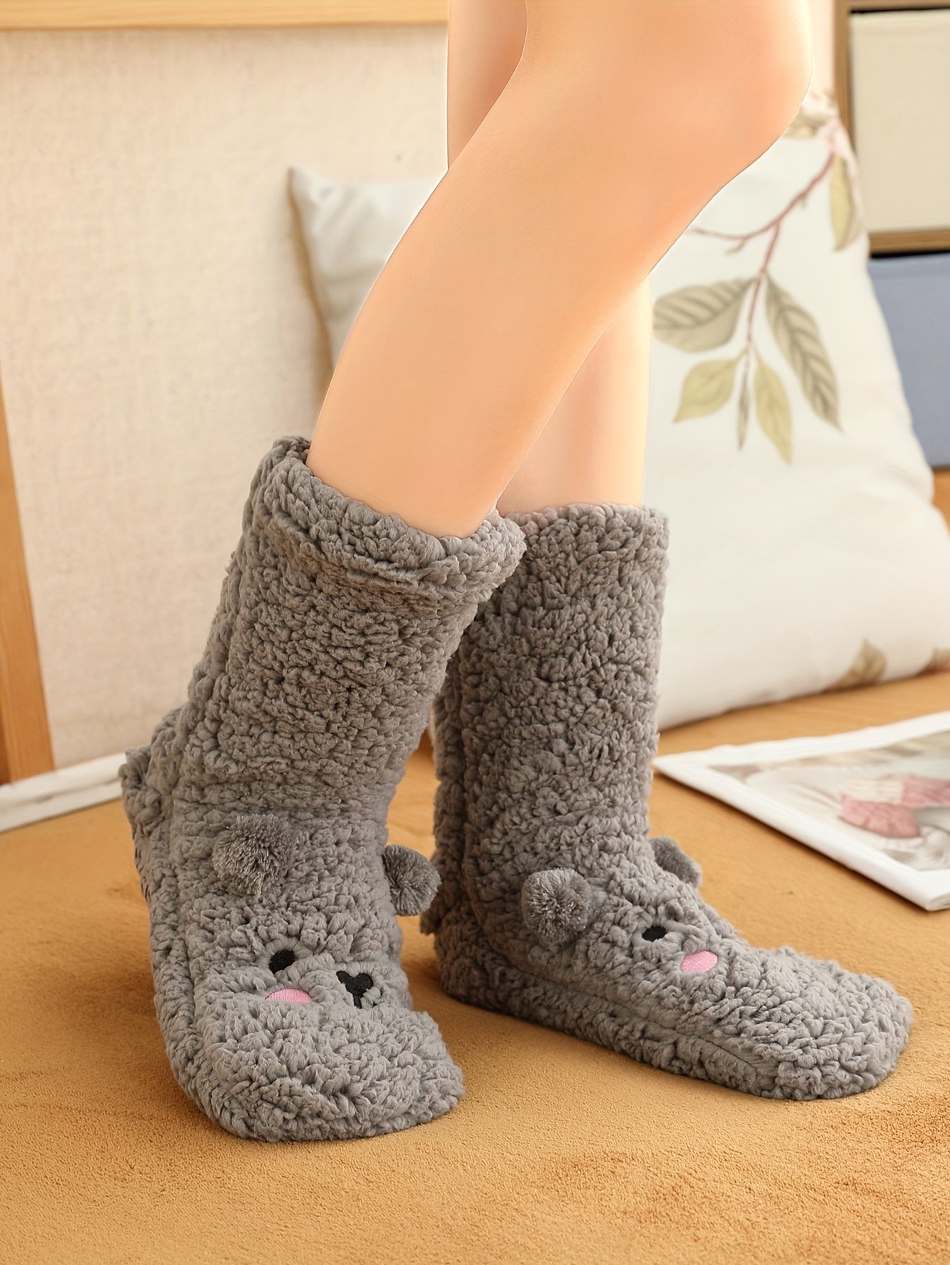 Cozy Coral Fleece Winter Socks for Women - Cute Cartoon Design, Non-Slip Floor Grip, Plus Size Sleeping & Fuzzy Mid-Calf Socks.