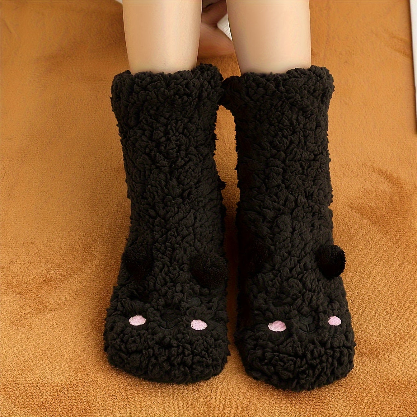 Cozy Coral Fleece Winter Socks for Women - Cute Cartoon Design, Non-Slip Floor Grip, Plus Size Sleeping & Fuzzy Mid-Calf Socks.