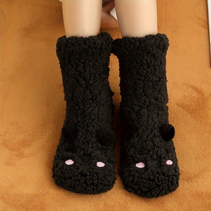Cozy Coral Fleece Winter Socks for Women - Cute Cartoon Design, Non-Slip Floor Grip, Plus Size Sleeping & Fuzzy Mid-Calf Socks.