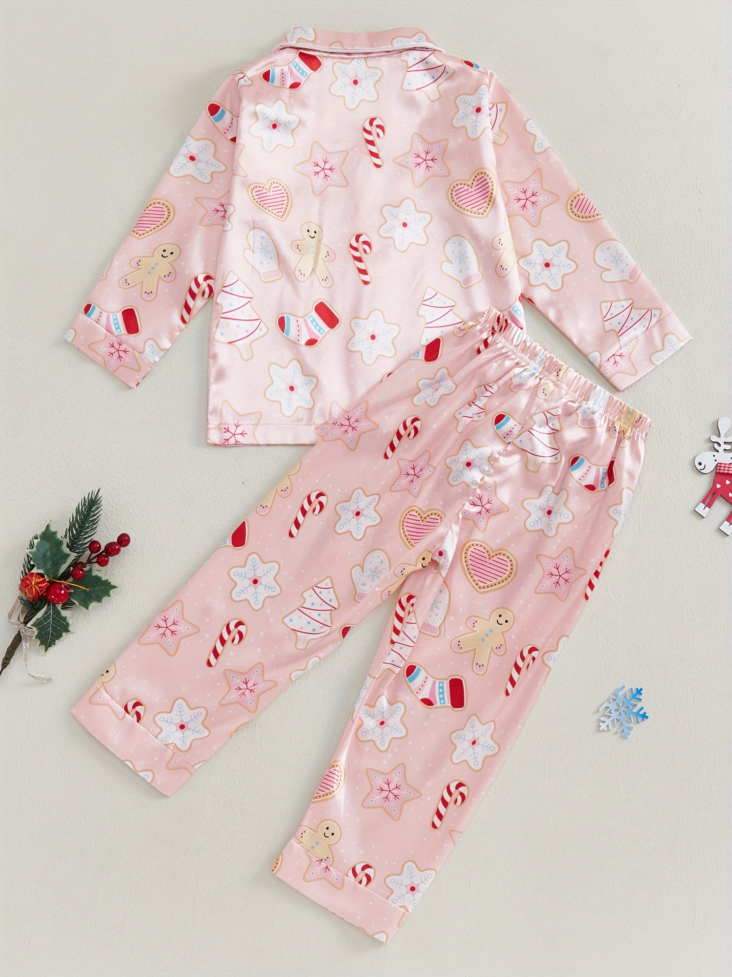 Kids Christmas Pajama Sets Gingerbread Man/Candy Cane Print Lapel Neck Button-up Tops Long Pant Loungewear