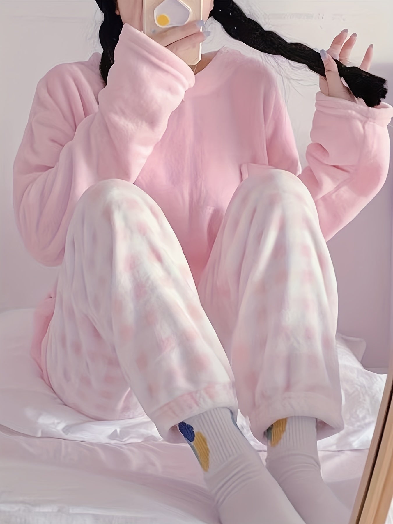 Winter Warm Velvet Pajama Set, Plaid Pattern Pajama, Solid Color Casual Home Wear Set