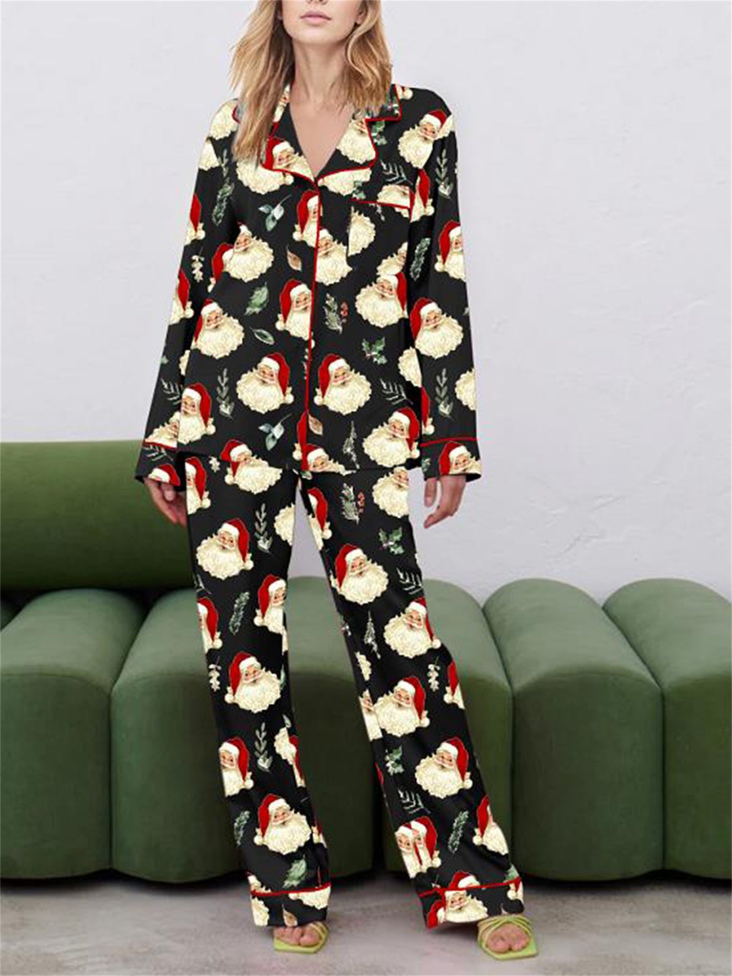 Women Christmas Pajama Set, Santa Claus Print Long Sleeve Shirt with Pants Sleepwear Loungewear