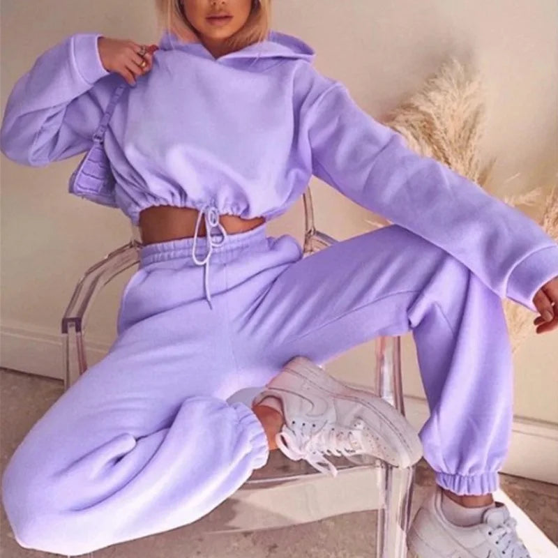 Winter Tracksuit Women Two Piece Set - Oversized Hoodie Sweatpants Solid Color Sportswear Suit |Casual Sweatshirt Trouser Set