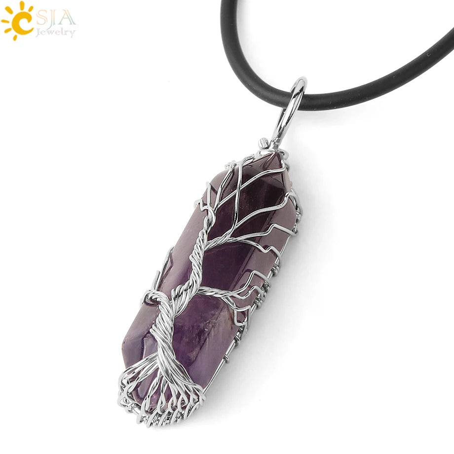 Crystals Necklace Natural Gem Stone Pendant Hexagonal Silver Color Life Tree Wire Wrap White Raw Crystal Quartz Jewelry G551