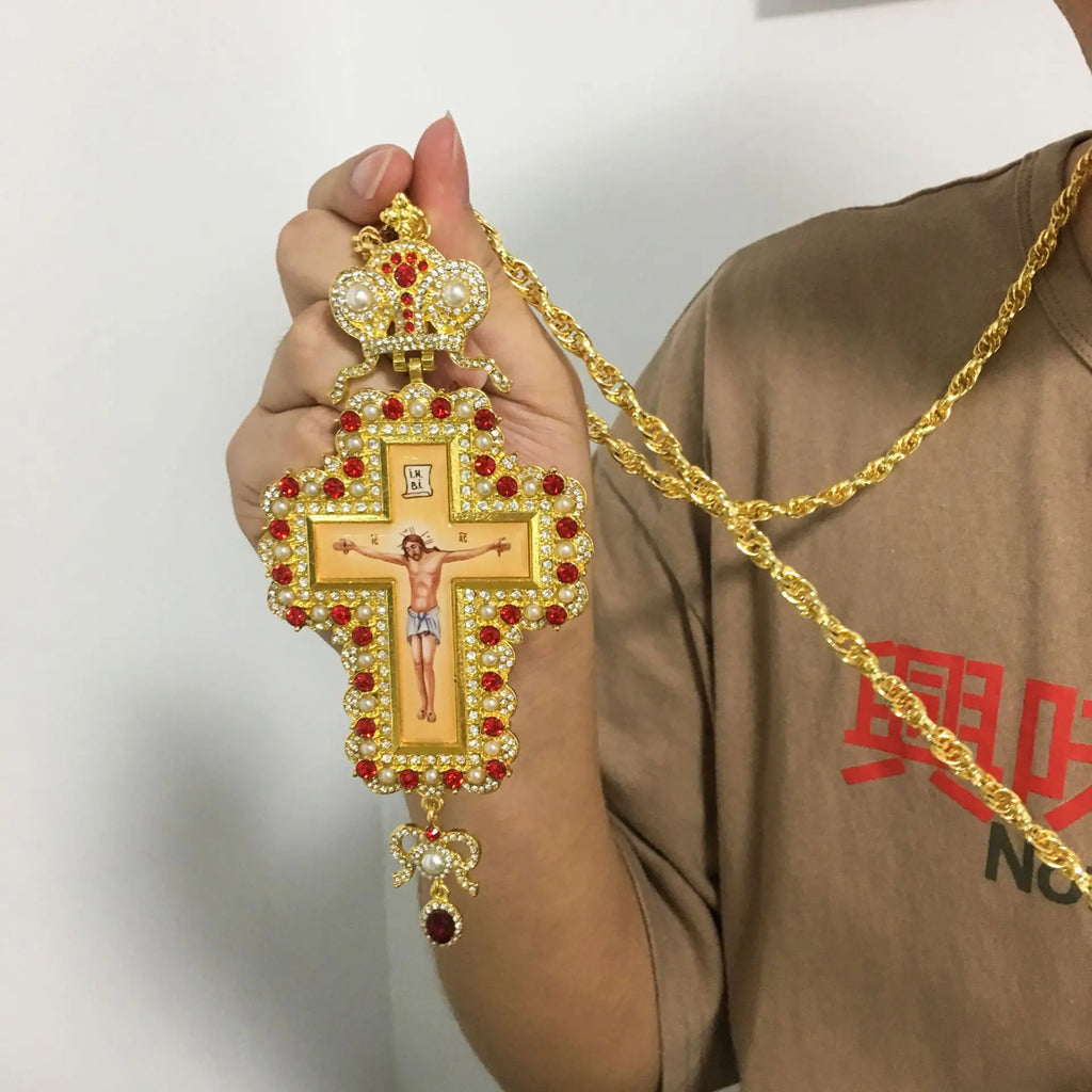 Religious Jesus Byzantine Cross Pendant Necklace Gold Plated Russian Big Heavy Orthodox Catholic Cross Necklace for Men Women