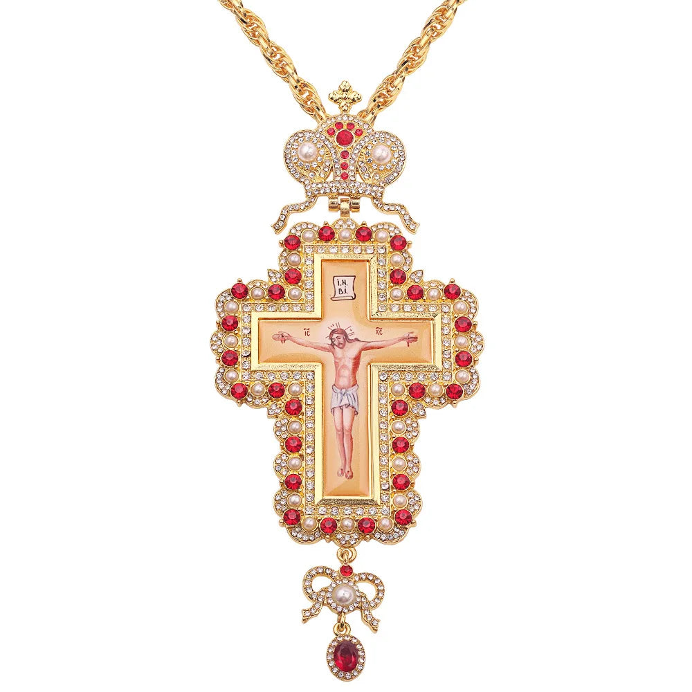 Religious Jesus Byzantine Cross Pendant Necklace Gold Plated Russian Big Heavy Orthodox Catholic Cross Necklace for Men Women