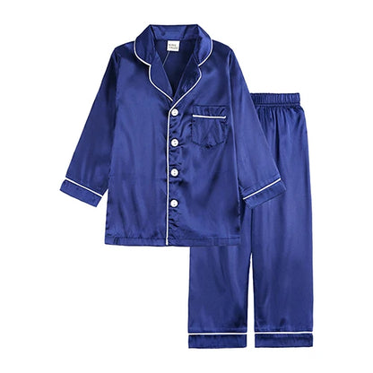 Unisex Kids Silk Satin Pajamas Set Long Sleeve Button-Down Nightgown Infant Baby Sleepwear Top Pants Combo for Boys And Girls
