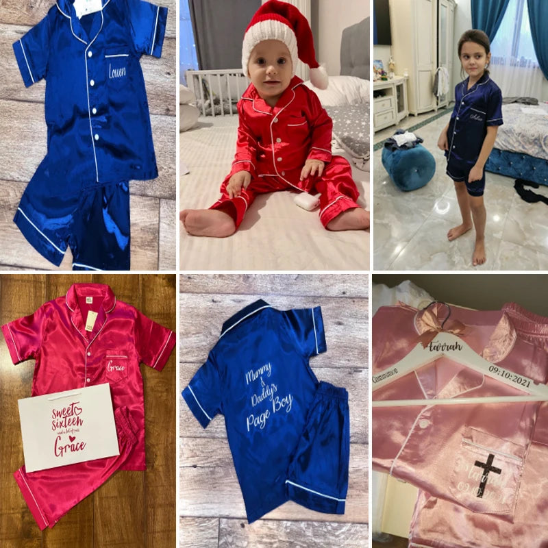 Unisex Kids Silk Satin Pajamas Set Long Sleeve Button-Down Nightgown Infant Baby Sleepwear Top Pants Combo for Boys And Girls