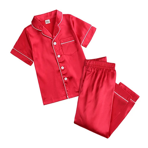 Unisex Kids Silk Satin Pajamas Set Long Sleeve Button-Down Nightgown Infant Baby Sleepwear Top Pants Combo for Boys And Girls