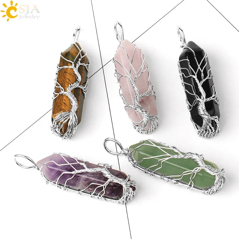 Crystals Necklace Natural Gem Stone Pendant Hexagonal Silver Color Life Tree Wire Wrap White Raw Crystal Quartz Jewelry G551