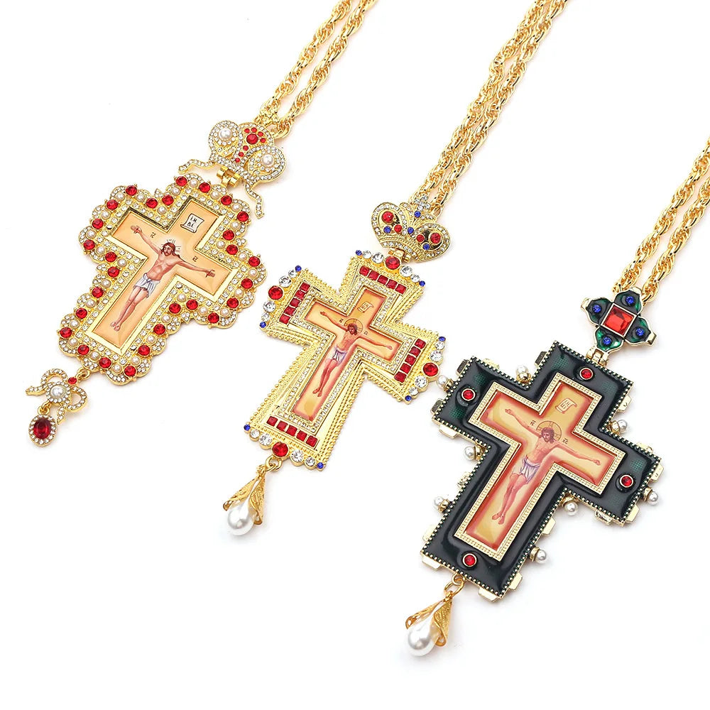 Religious Jesus Byzantine Cross Pendant Necklace Gold Plated Russian Big Heavy Orthodox Catholic Cross Necklace for Men Women