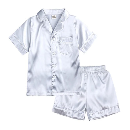 Unisex Kids Silk Satin Pajamas Set Long Sleeve Button-Down Nightgown Infant Baby Sleepwear Top Pants Combo for Boys And Girls