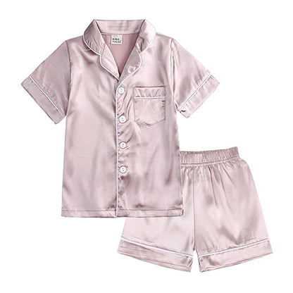 Unisex Kids Silk Satin Pajamas Set Long Sleeve Button-Down Nightgown Infant Baby Sleepwear Top Pants Combo for Boys And Girls