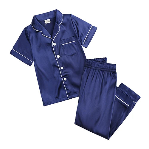 Unisex Kids Silk Satin Pajamas Set Long Sleeve Button-Down Nightgown Infant Baby Sleepwear Top Pants Combo for Boys And Girls