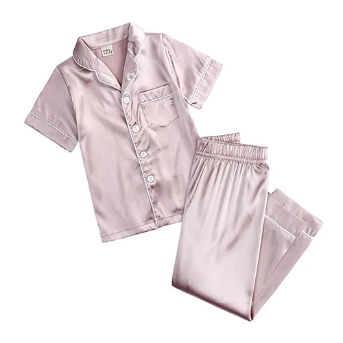 Unisex Kids Silk Satin Pajamas Set Long Sleeve Button-Down Nightgown Infant Baby Sleepwear Top Pants Combo for Boys And Girls