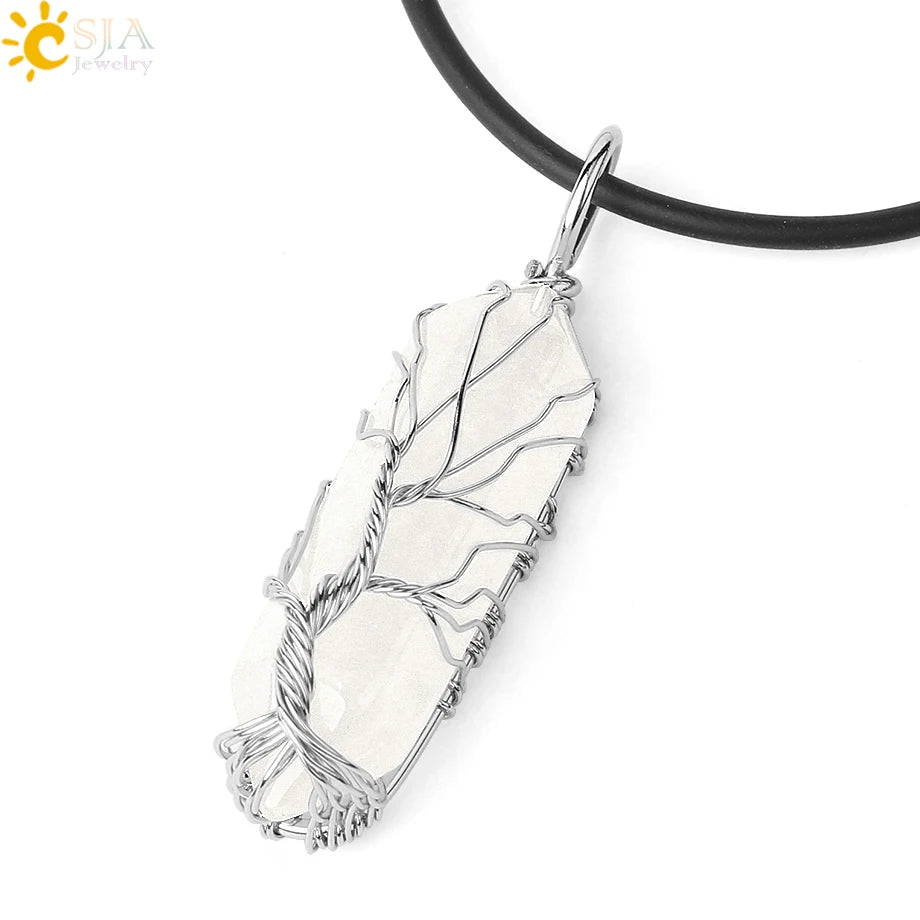 Crystals Necklace Natural Gem Stone Pendant Hexagonal Silver Color Life Tree Wire Wrap White Raw Crystal Quartz Jewelry G551