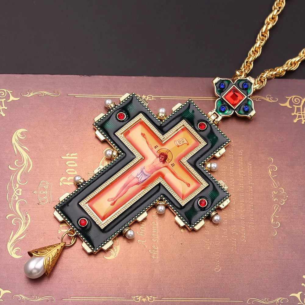 Religious Jesus Byzantine Cross Pendant Necklace Gold Plated Russian Big Heavy Orthodox Catholic Cross Necklace for Men Women