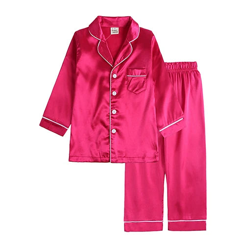Unisex Kids Silk Satin Pajamas Set Long Sleeve Button-Down Nightgown Infant Baby Sleepwear Top Pants Combo for Boys And Girls