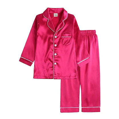Unisex Kids Silk Satin Pajamas Set Long Sleeve Button-Down Nightgown Infant Baby Sleepwear Top Pants Combo for Boys And Girls