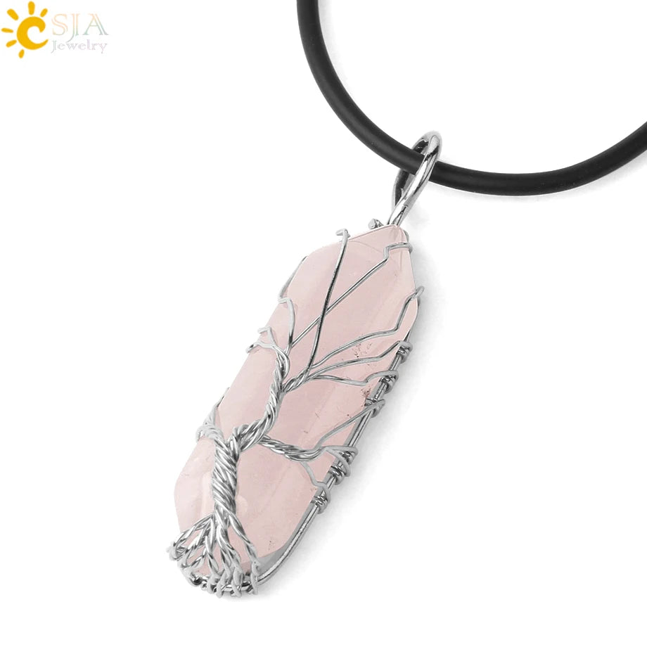 Crystals Necklace Natural Gem Stone Pendant Hexagonal Silver Color Life Tree Wire Wrap White Raw Crystal Quartz Jewelry G551