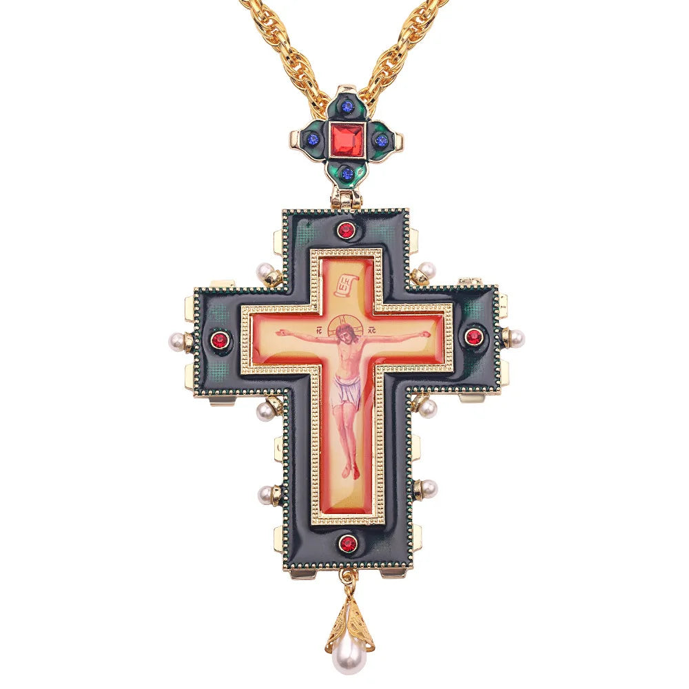 Religious Jesus Byzantine Cross Pendant Necklace Gold Plated Russian Big Heavy Orthodox Catholic Cross Necklace for Men Women