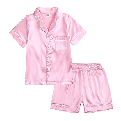 Unisex Kids Silk Satin Pajamas Set Long Sleeve Button-Down Nightgown Infant Baby Sleepwear Top Pants Combo for Boys And Girls