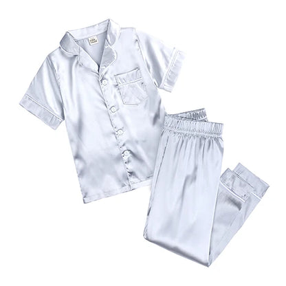 Unisex Kids Silk Satin Pajamas Set Long Sleeve Button-Down Nightgown Infant Baby Sleepwear Top Pants Combo for Boys And Girls
