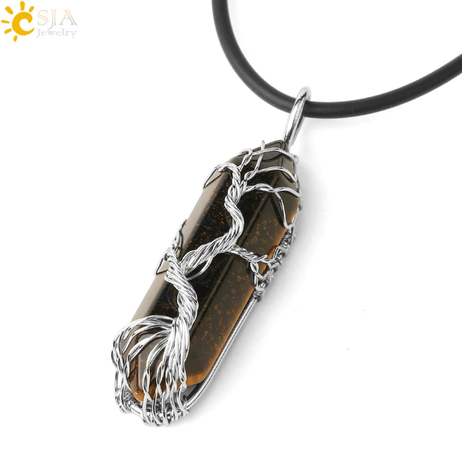 Crystals Necklace Natural Gem Stone Pendant Hexagonal Silver Color Life Tree Wire Wrap White Raw Crystal Quartz Jewelry G551