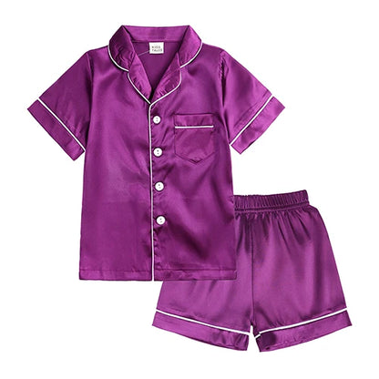 Unisex Kids Silk Satin Pajamas Set Long Sleeve Button-Down Nightgown Infant Baby Sleepwear Top Pants Combo for Boys And Girls