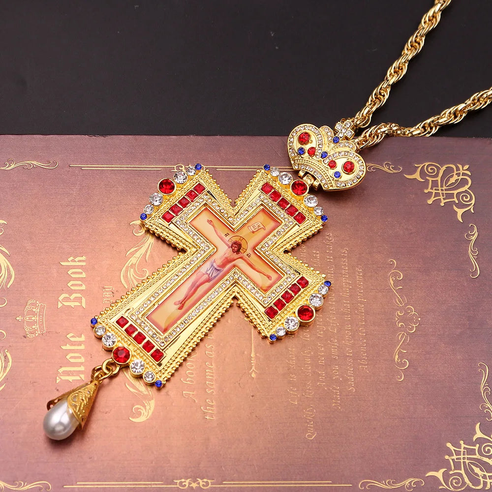 Religious Jesus Byzantine Cross Pendant Necklace Gold Plated Russian Big Heavy Orthodox Catholic Cross Necklace for Men Women