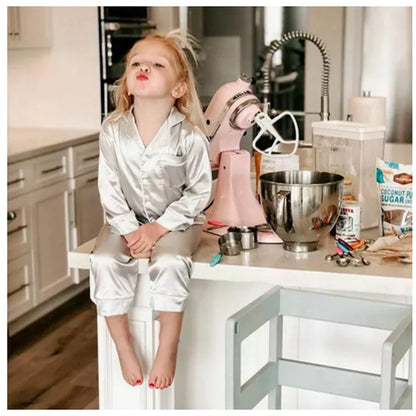 Unisex Kids Silk Satin Pajamas Set Long Sleeve Button-Down Nightgown Infant Baby Sleepwear Top Pants Combo for Boys And Girls