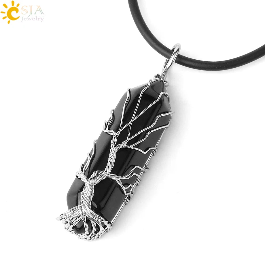 Crystals Necklace Natural Gem Stone Pendant Hexagonal Silver Color Life Tree Wire Wrap White Raw Crystal Quartz Jewelry G551