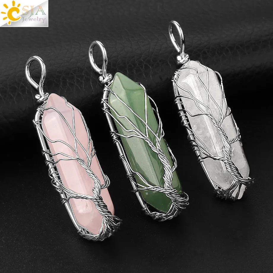 Crystals Necklace Natural Gem Stone Pendant Hexagonal Silver Color Life Tree Wire Wrap White Raw Crystal Quartz Jewelry G551