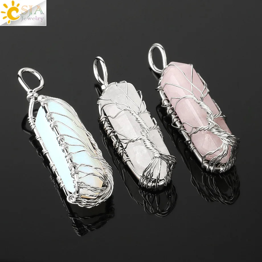 Crystals Necklace Natural Gem Stone Pendant Hexagonal Silver Color Life Tree Wire Wrap White Raw Crystal Quartz Jewelry G551