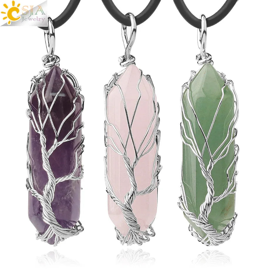 Crystals Necklace Natural Gem Stone Pendant Hexagonal Silver Color Life Tree Wire Wrap White Raw Crystal Quartz Jewelry G551