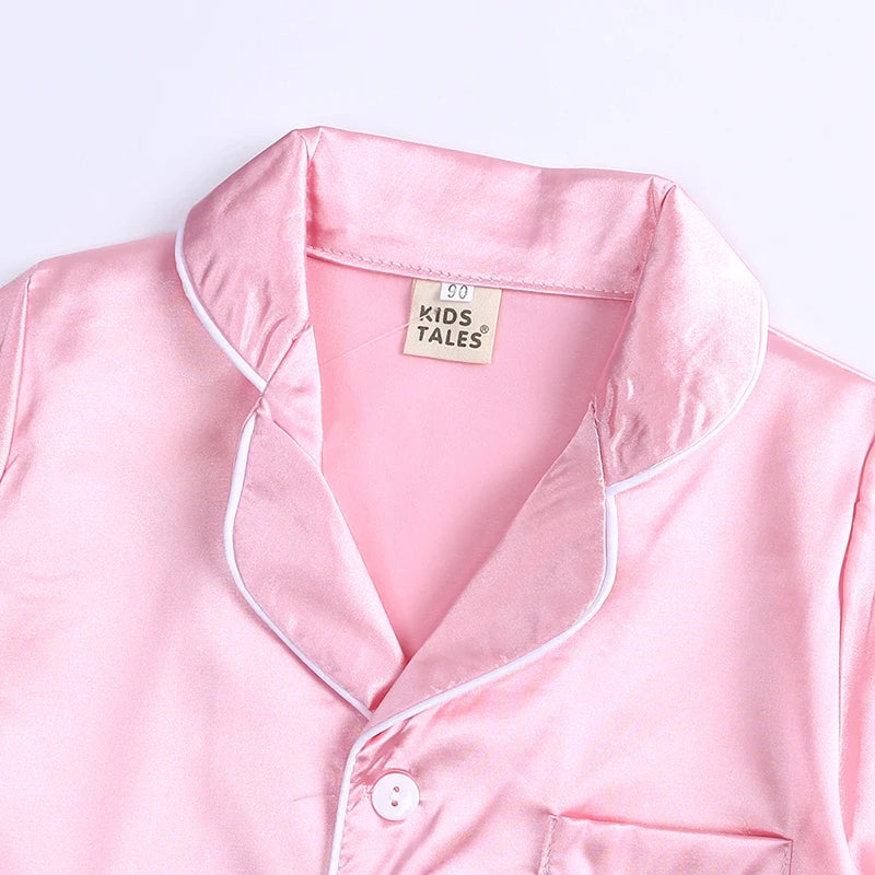 Unisex Kids Silk Satin Pajamas Set Long Sleeve Button-Down Nightgown Infant Baby Sleepwear Top Pants Combo for Boys And Girls