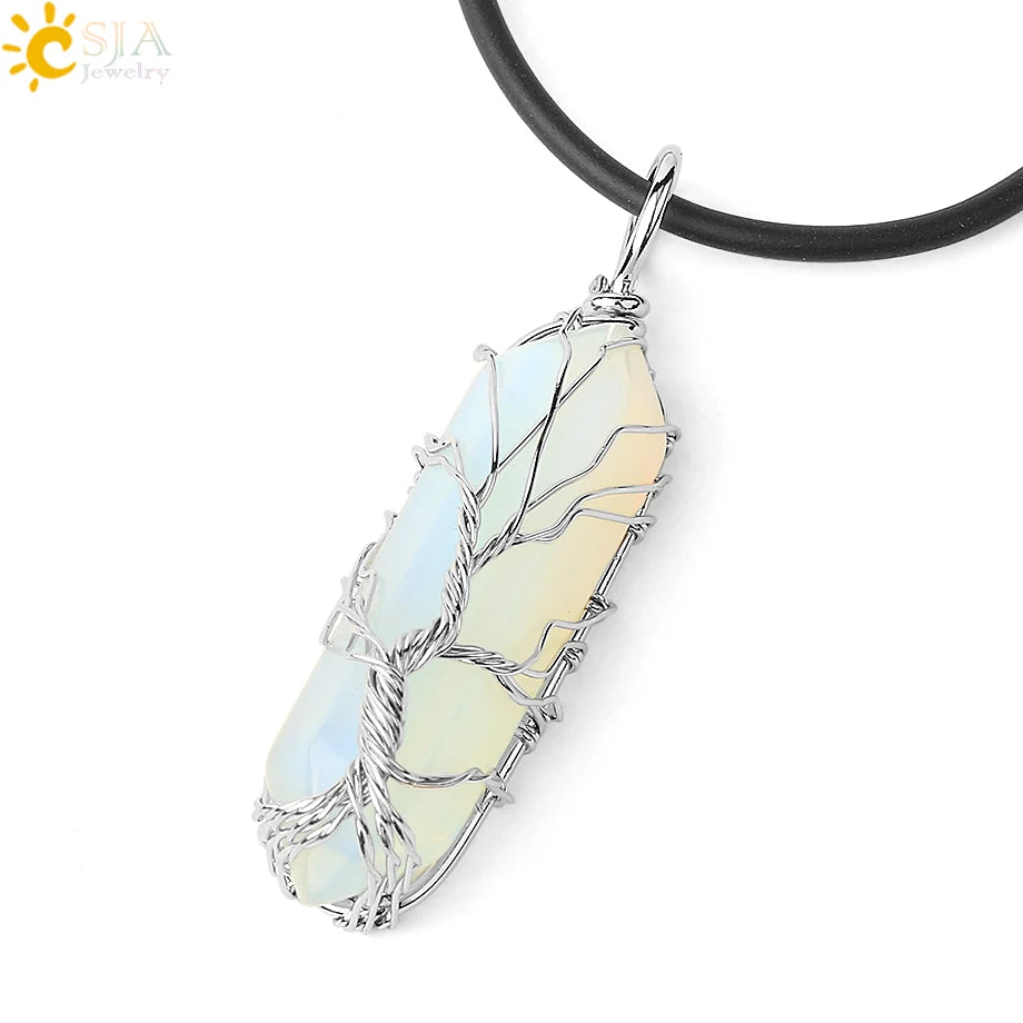 Crystals Necklace Natural Gem Stone Pendant Hexagonal Silver Color Life Tree Wire Wrap White Raw Crystal Quartz Jewelry G551