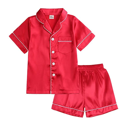 Unisex Kids Silk Satin Pajamas Set Long Sleeve Button-Down Nightgown Infant Baby Sleepwear Top Pants Combo for Boys And Girls