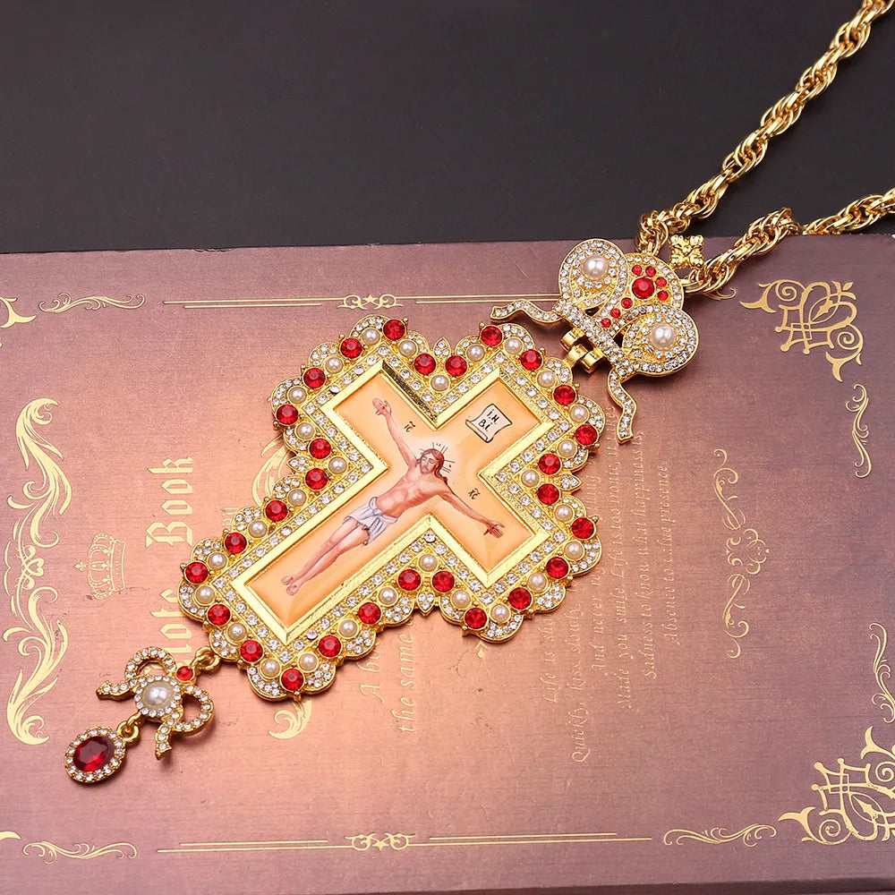 Religious Jesus Byzantine Cross Pendant Necklace Gold Plated Russian Big Heavy Orthodox Catholic Cross Necklace for Men Women