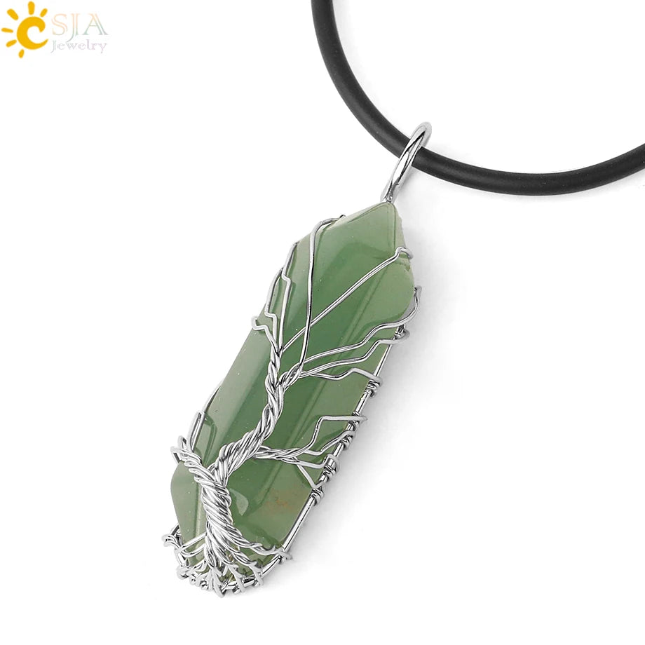 Crystals Necklace Natural Gem Stone Pendant Hexagonal Silver Color Life Tree Wire Wrap White Raw Crystal Quartz Jewelry G551