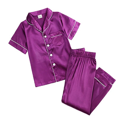 Unisex Kids Silk Satin Pajamas Set Long Sleeve Button-Down Nightgown Infant Baby Sleepwear Top Pants Combo for Boys And Girls